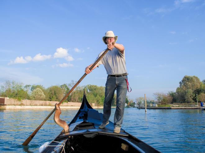 René rowing a gondola